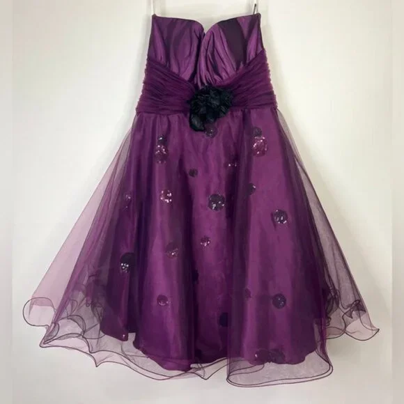NWT SHERRI HILL Plum Colored Beads/Sequins Short Tulle Skirt Sweetheart Dress 4‎